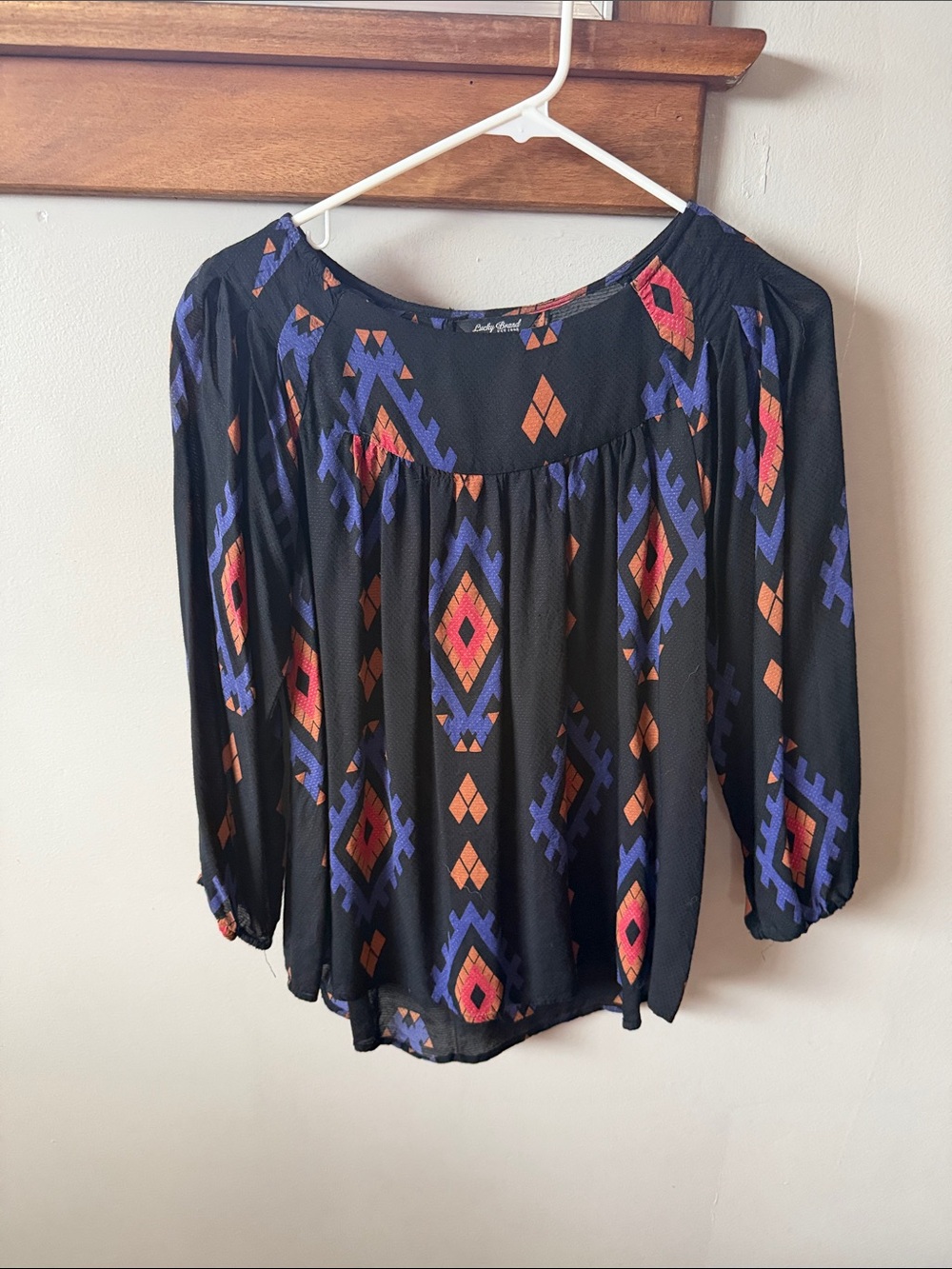 Lucky Brand Black Peasant Blouse with Purple and Orange Geometric Print